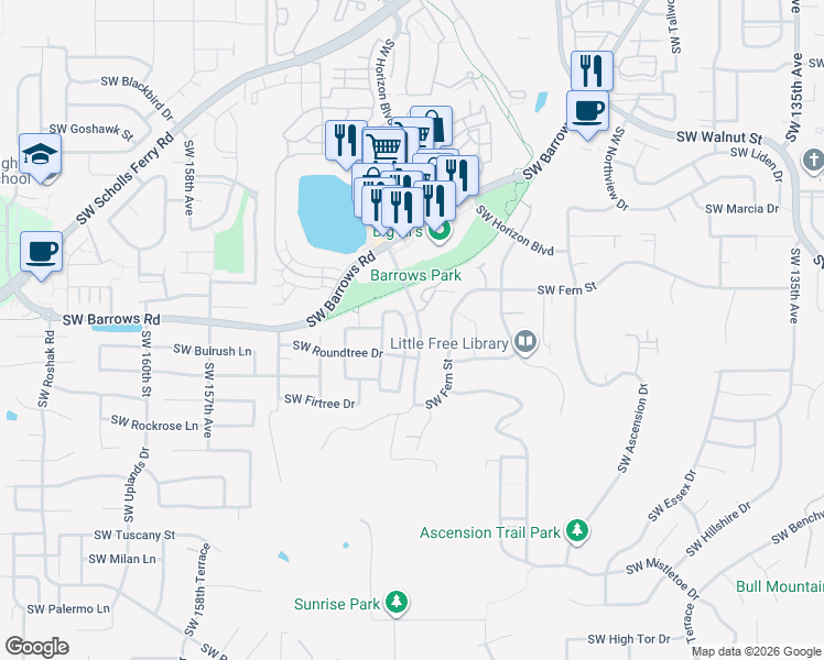 map of restaurants, bars, coffee shops, grocery stores, and more near 12809 Southwest Kameron Way in Tigard
