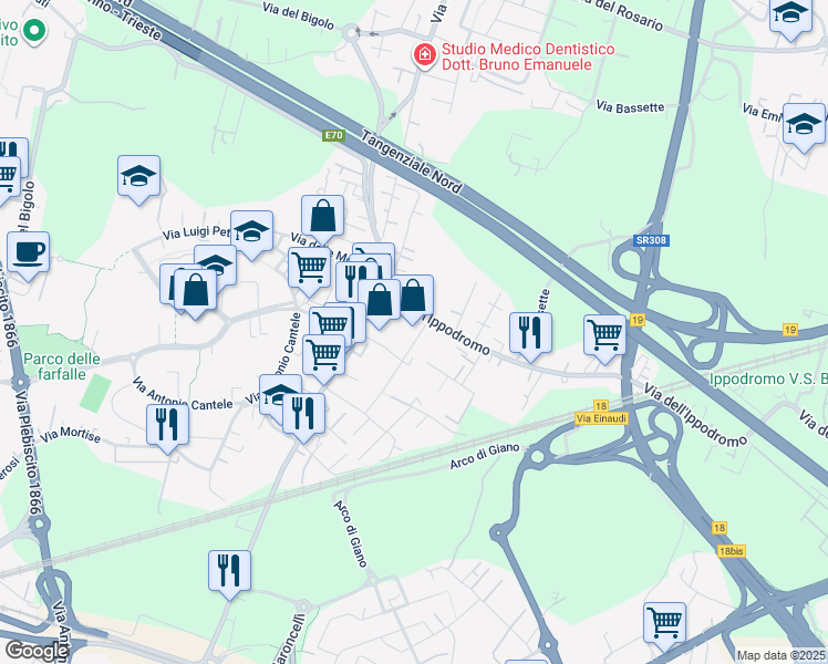 map of restaurants, bars, coffee shops, grocery stores, and more near 17 Via Astorre Lanari in Padova