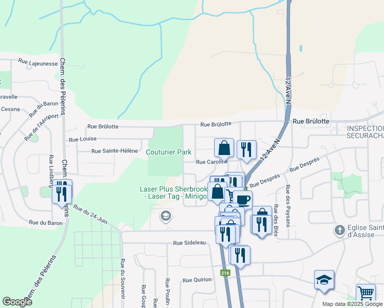 map of restaurants, bars, coffee shops, grocery stores, and more near 1397 Rue Morineau in Sherbrooke
