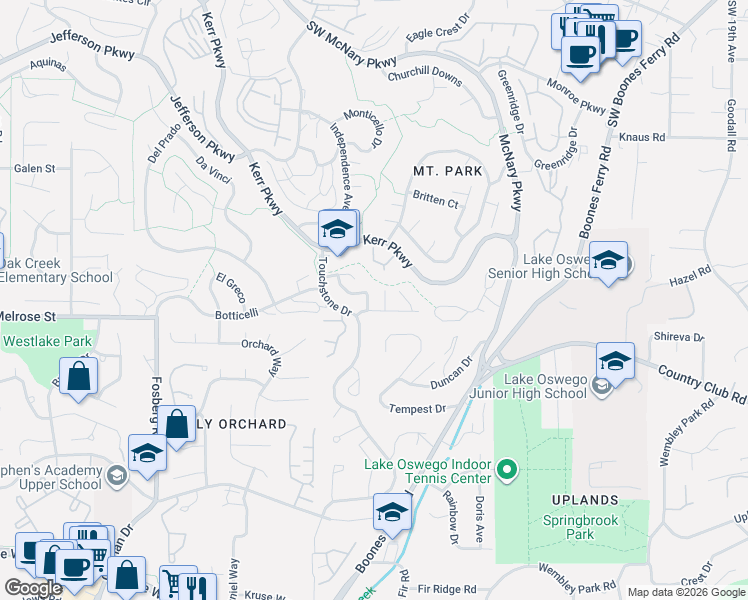 map of restaurants, bars, coffee shops, grocery stores, and more near 4 Touchstone Drive in Lake Oswego