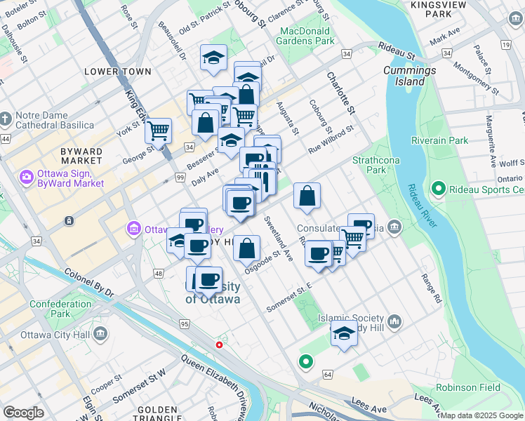 map of restaurants, bars, coffee shops, grocery stores, and more near Laurier Ave E & Sweetland Ave in Ottawa