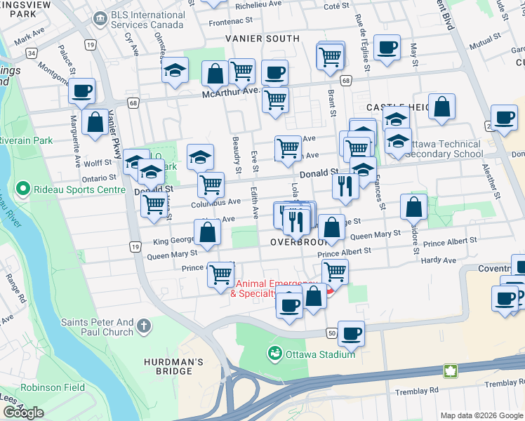 map of restaurants, bars, coffee shops, grocery stores, and more near 279 Glynn Avenue in Ottawa