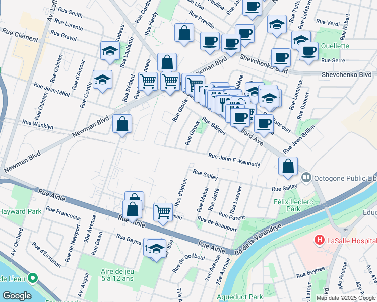 map of restaurants, bars, coffee shops, grocery stores, and more near Rue John F Kennedy in Montréal