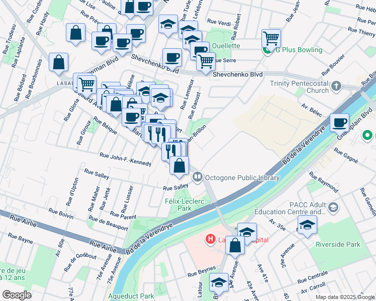 map of restaurants, bars, coffee shops, grocery stores, and more near 8670 Rue Jean-Brillon in Montréal