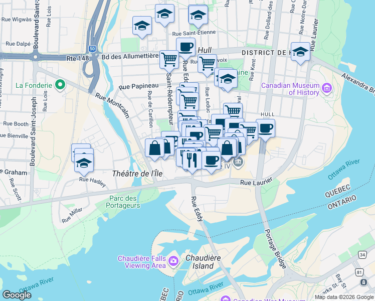 map of restaurants, bars, coffee shops, grocery stores, and more near 45 Rue Eddy in Gatineau