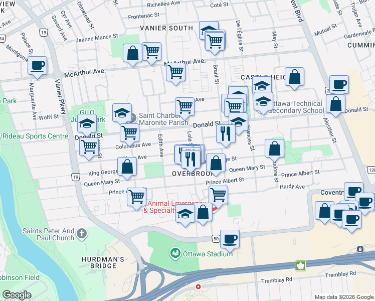 map of restaurants, bars, coffee shops, grocery stores, and more near 293 Queen Mary Street in Ottawa