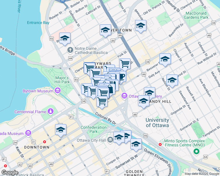 map of restaurants, bars, coffee shops, grocery stores, and more near in Ottawa