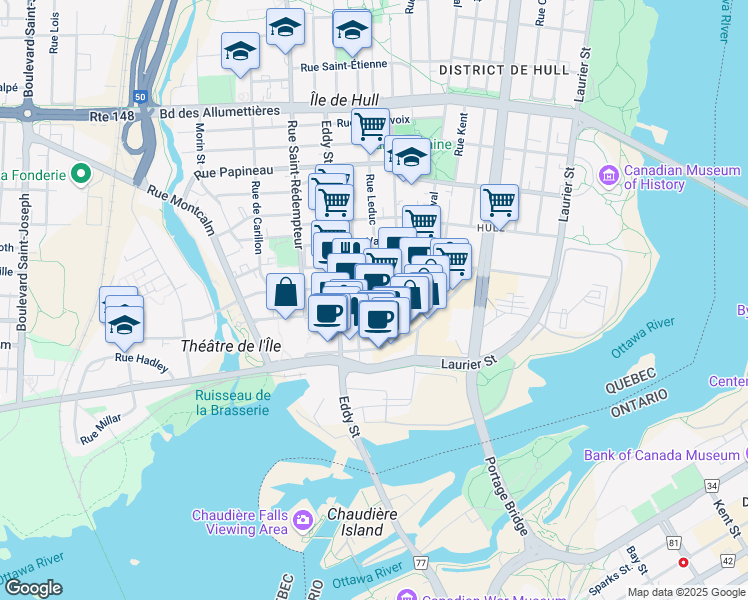 map of restaurants, bars, coffee shops, grocery stores, and more near in Gatineau