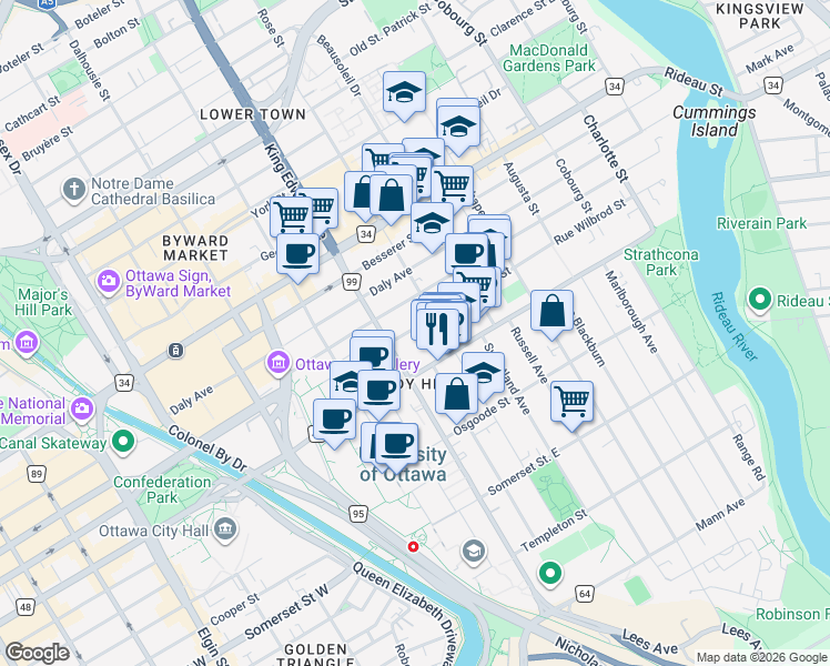 map of restaurants, bars, coffee shops, grocery stores, and more near 244 Rue Wilbrod Street in Ottawa