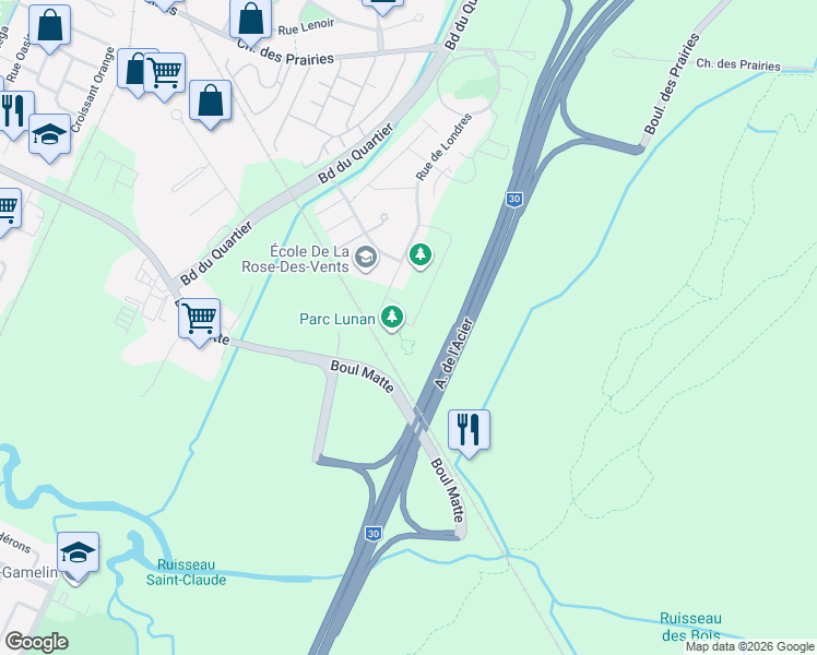 map of restaurants, bars, coffee shops, grocery stores, and more near 7275 Rue de Lunan in Brossard