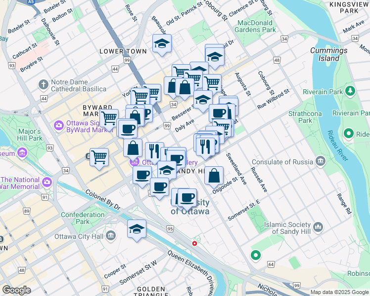 map of restaurants, bars, coffee shops, grocery stores, and more near 225 Rue Wilbrod Street in Ottawa