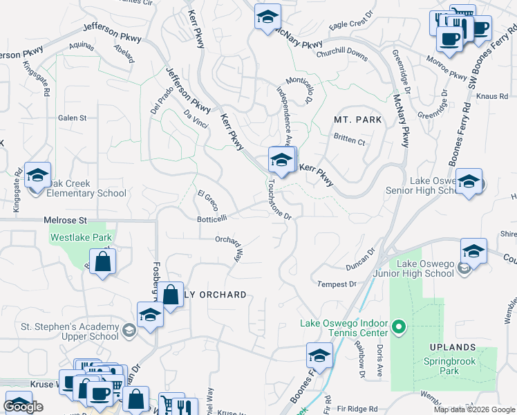 map of restaurants, bars, coffee shops, grocery stores, and more near 3814 Botticelli Street in Lake Oswego