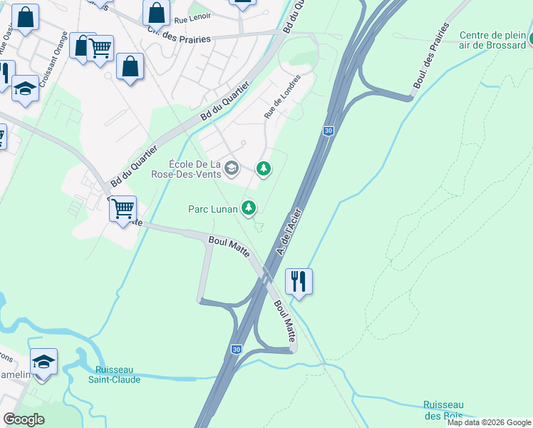 map of restaurants, bars, coffee shops, grocery stores, and more near 7275 Rue Lunan in Brossard