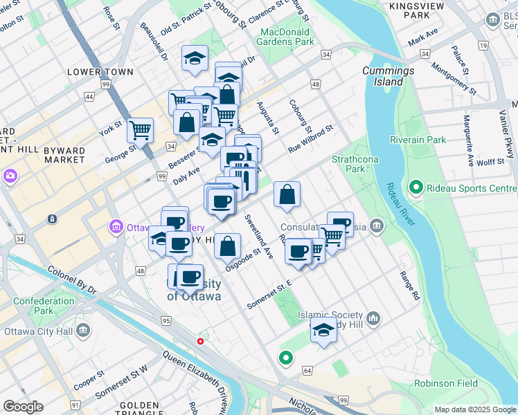 map of restaurants, bars, coffee shops, grocery stores, and more near 19 Sweetland Avenue in Ottawa