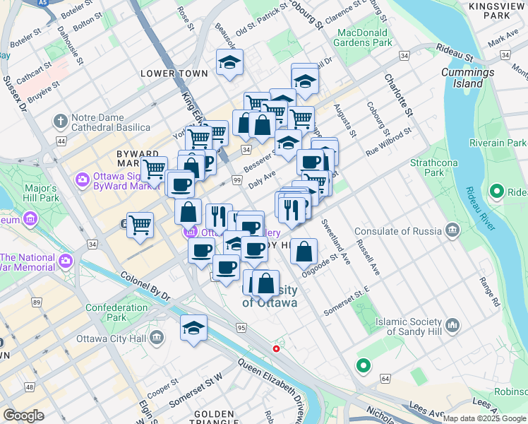 map of restaurants, bars, coffee shops, grocery stores, and more near in Ottawa