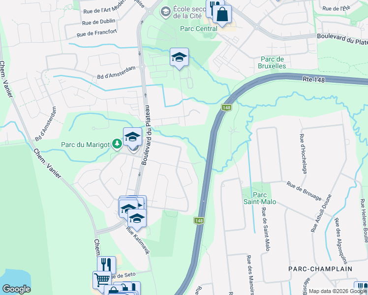 map of restaurants, bars, coffee shops, grocery stores, and more near 107 Rue des Scouts in Gatineau
