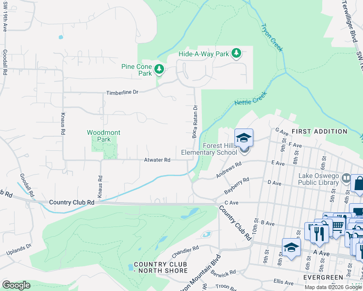 map of restaurants, bars, coffee shops, grocery stores, and more near 560 Southwest Milburn Court in Lake Oswego