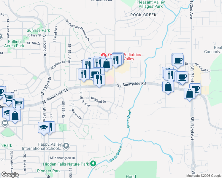map of restaurants, bars, coffee shops, grocery stores, and more near 13169 Southeast 162nd Avenue in Clackamas