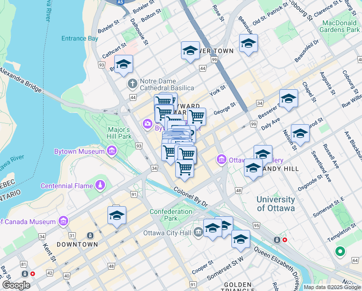 map of restaurants, bars, coffee shops, grocery stores, and more near in Ottawa