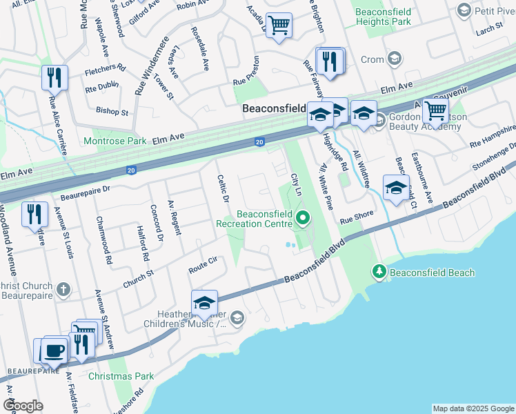 map of restaurants, bars, coffee shops, grocery stores, and more near 83 Prince Street in Beaconsfield