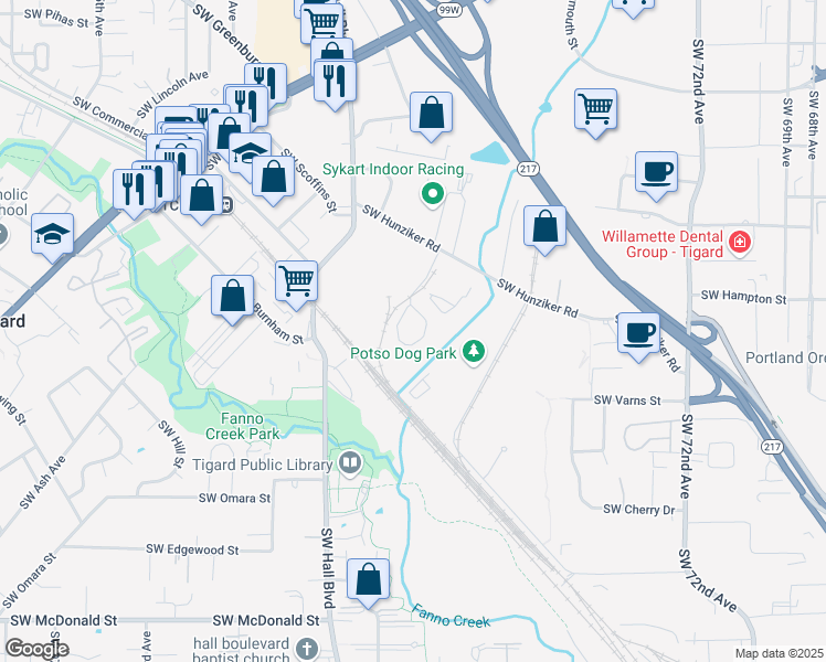 map of restaurants, bars, coffee shops, grocery stores, and more near 8200 Southwest Hunziker Street in Tigard