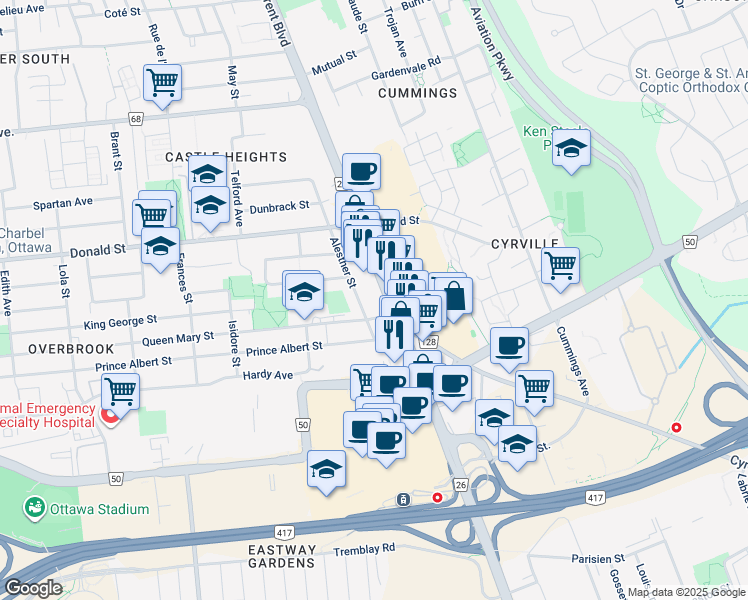 map of restaurants, bars, coffee shops, grocery stores, and more near 1064 Saint Laurent Boulevard in Ottawa