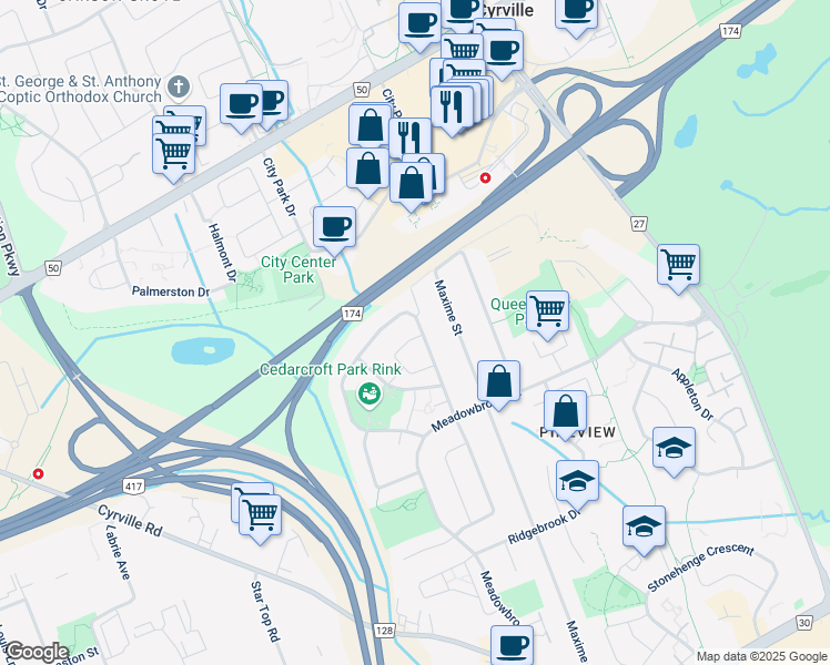 map of restaurants, bars, coffee shops, grocery stores, and more near 1316 Cedarcroft Crescent in Ottawa