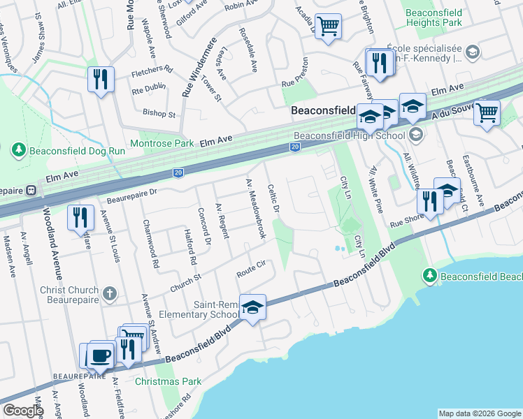 map of restaurants, bars, coffee shops, grocery stores, and more near 119 Avenue Meadowbrook in Beaconsfield