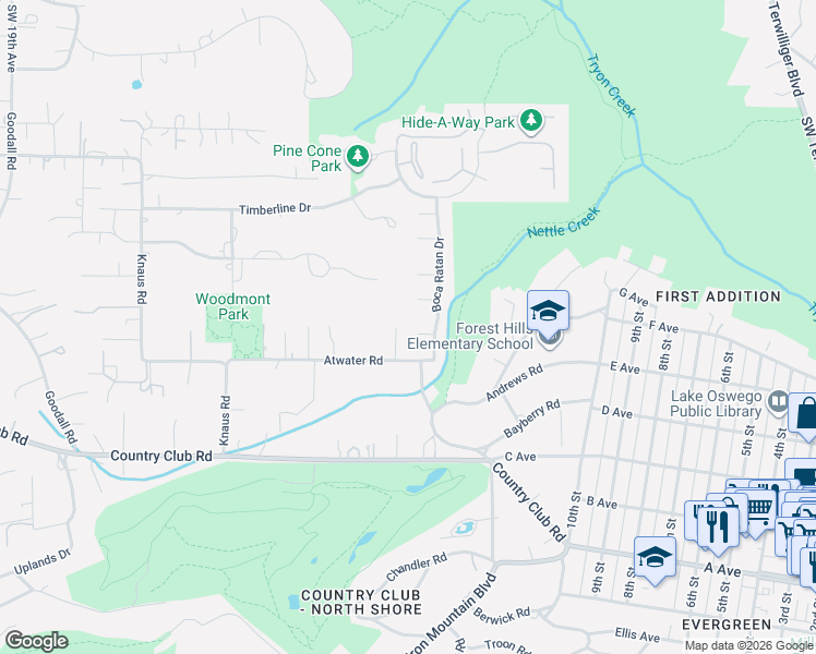 map of restaurants, bars, coffee shops, grocery stores, and more near 560 Southwest Milburn Court in Lake Oswego