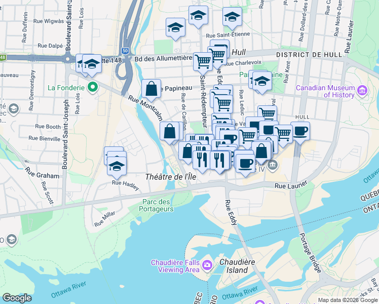 map of restaurants, bars, coffee shops, grocery stores, and more near 42 Rue Wright in Gatineau