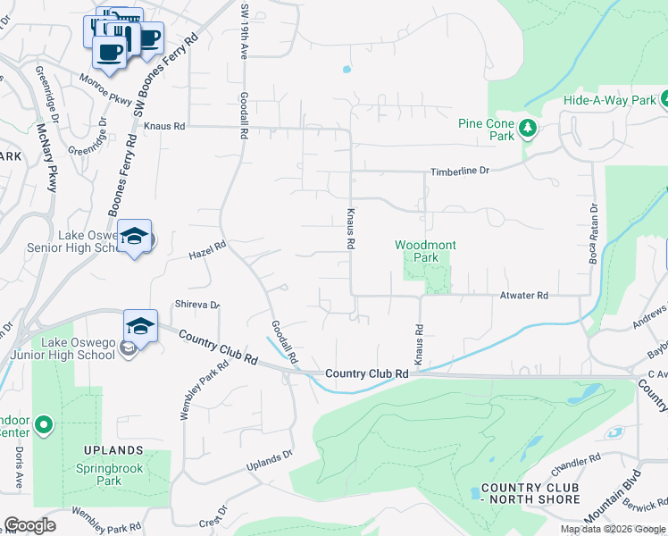map of restaurants, bars, coffee shops, grocery stores, and more near 13741 Knaus Road in Lake Oswego