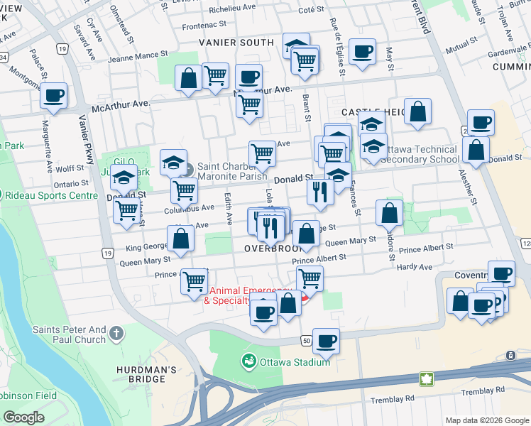 map of restaurants, bars, coffee shops, grocery stores, and more near 319 Glynn Avenue in Ottawa