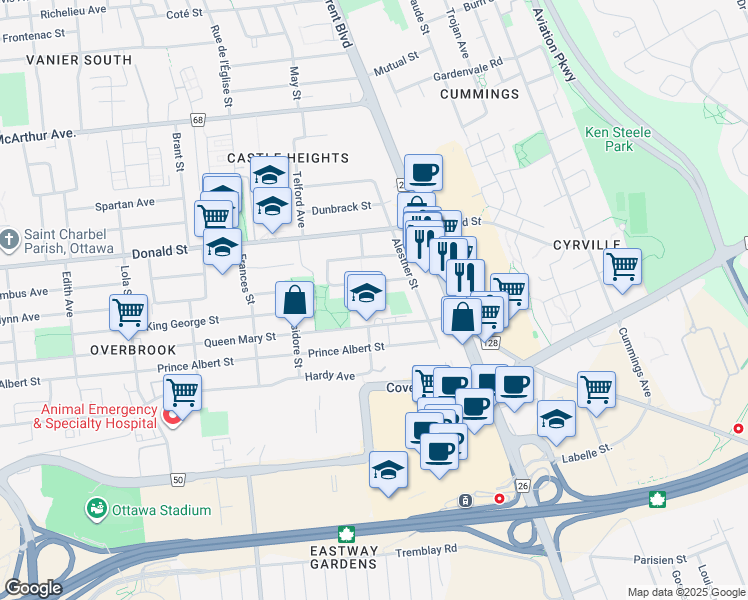 map of restaurants, bars, coffee shops, grocery stores, and more near 503 Queen Mary Street in Ottawa