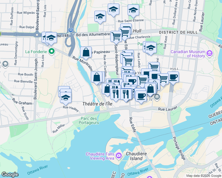 map of restaurants, bars, coffee shops, grocery stores, and more near 48 Rue Wright in Gatineau