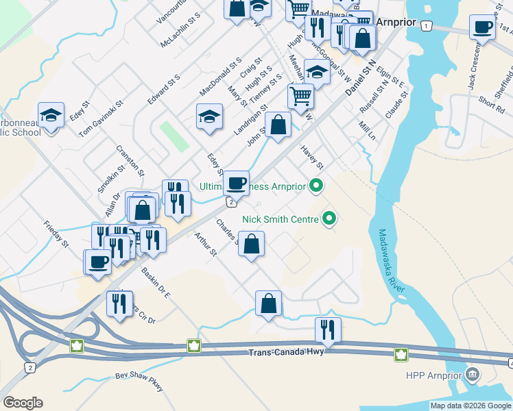map of restaurants, bars, coffee shops, grocery stores, and more near 6 Morrall Court in Arnprior