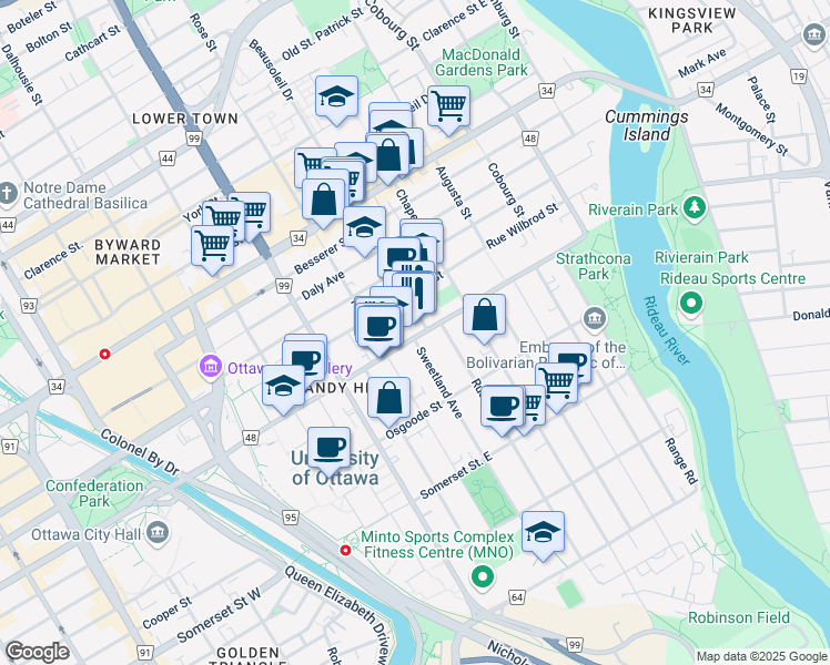 map of restaurants, bars, coffee shops, grocery stores, and more near 275 Laurier Avenue East in Ottawa
