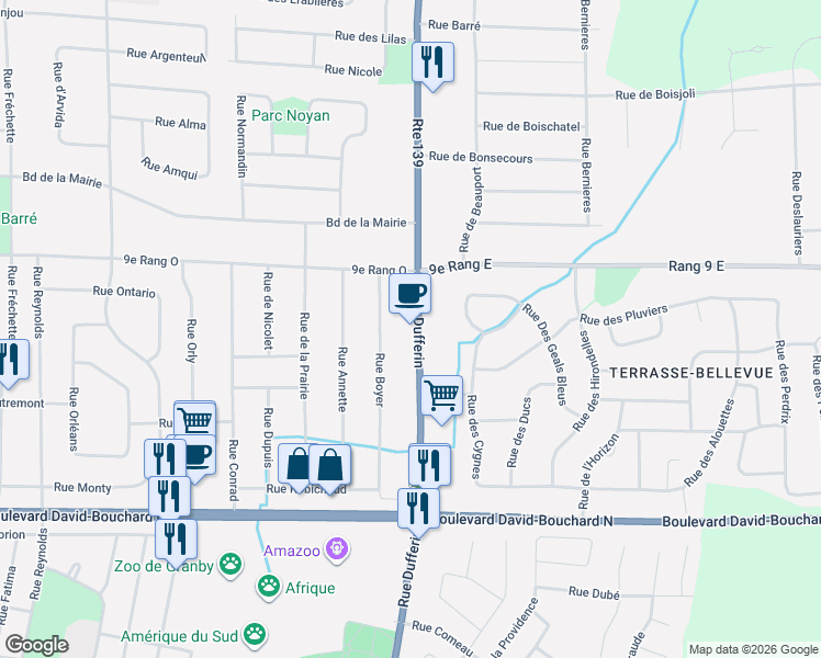 map of restaurants, bars, coffee shops, grocery stores, and more near 658 Rue Dufferin in Granby