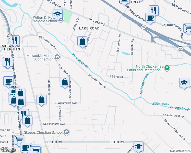 map of restaurants, bars, coffee shops, grocery stores, and more near 4136 Southeast Aldercrest Road in Milwaukie