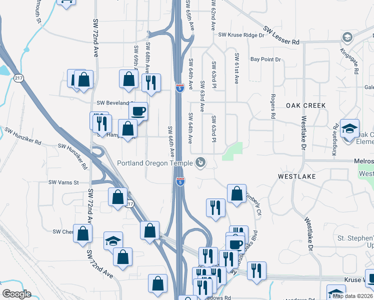 map of restaurants, bars, coffee shops, grocery stores, and more near 6424 Southwest Pamela Street in Portland