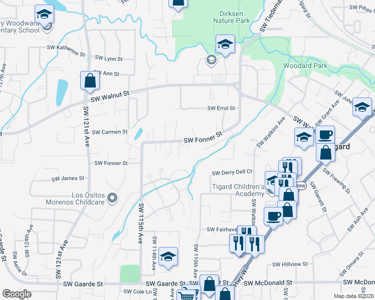map of restaurants, bars, coffee shops, grocery stores, and more near 11185 Southwest Morgen Court in Tigard