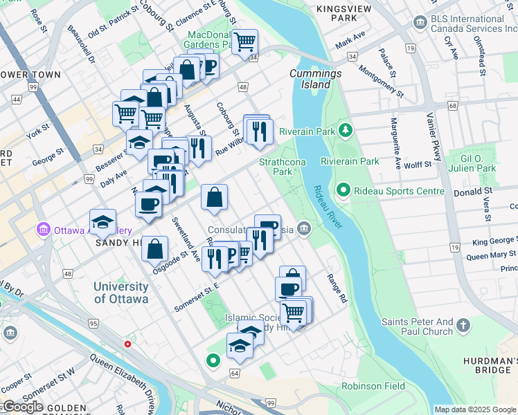 map of restaurants, bars, coffee shops, grocery stores, and more near 82 Goulburn Avenue in Ottawa