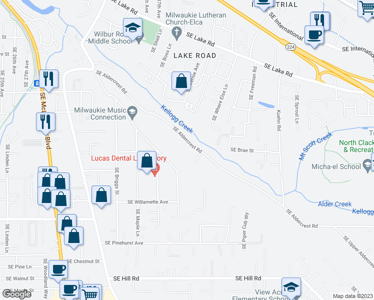 map of restaurants, bars, coffee shops, grocery stores, and more near 4000 Southeast Aldercrest Road in Milwaukie