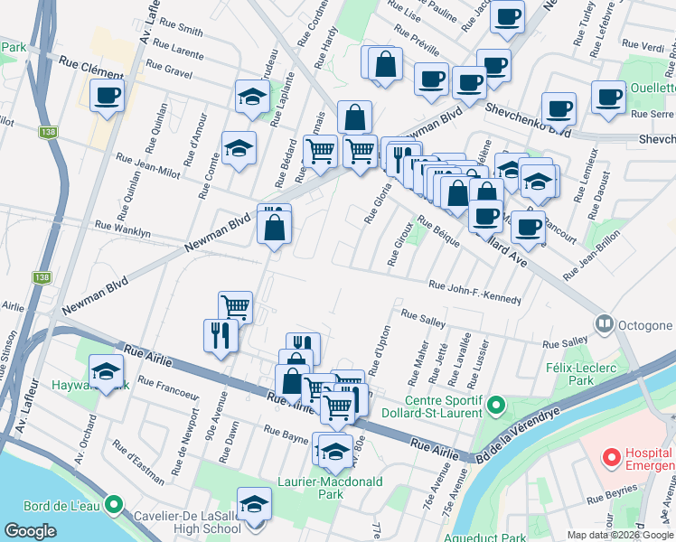 map of restaurants, bars, coffee shops, grocery stores, and more near 1902 Rue John-F.-Kennedy in Montréal