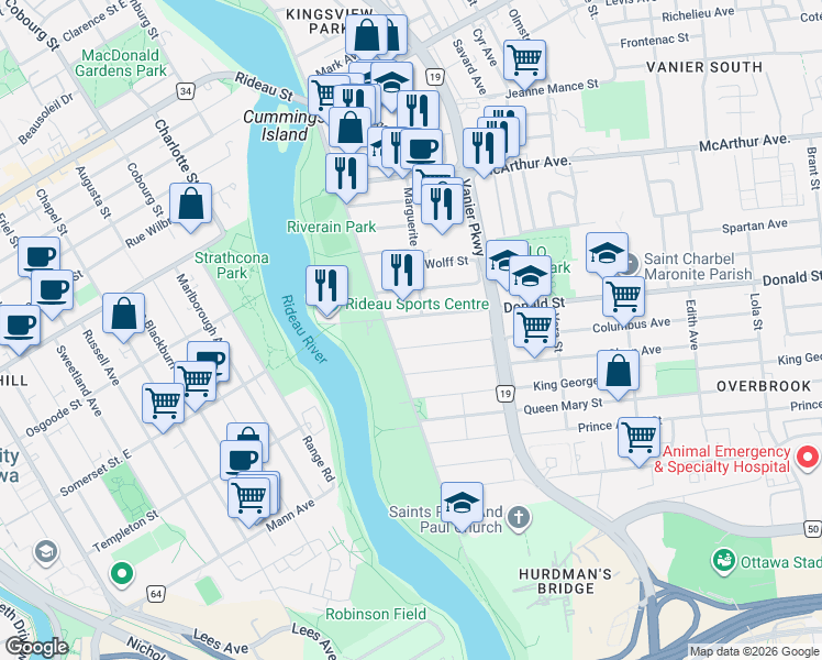 map of restaurants, bars, coffee shops, grocery stores, and more near 1 Columbus Avenue in Ottawa