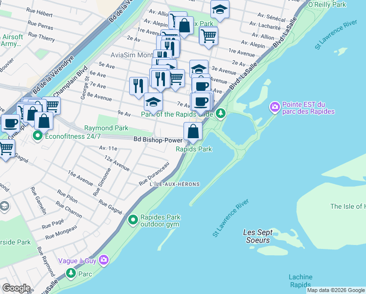 map of restaurants, bars, coffee shops, grocery stores, and more near 7777 Boulevard Lasalle in Montreal