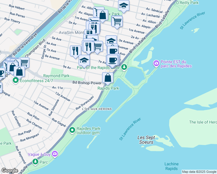 map of restaurants, bars, coffee shops, grocery stores, and more near 7770 Boulevard LaSalle in Montréal