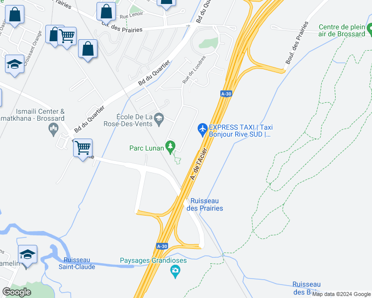 map of restaurants, bars, coffee shops, grocery stores, and more near 7255 Rue Lunan in Brossard