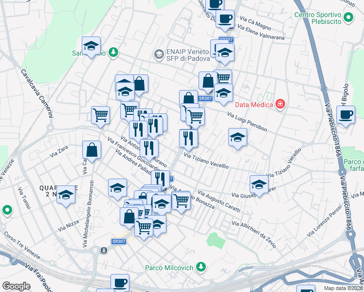 map of restaurants, bars, coffee shops, grocery stores, and more near 185 Via Tiziano Aspetti in Padua