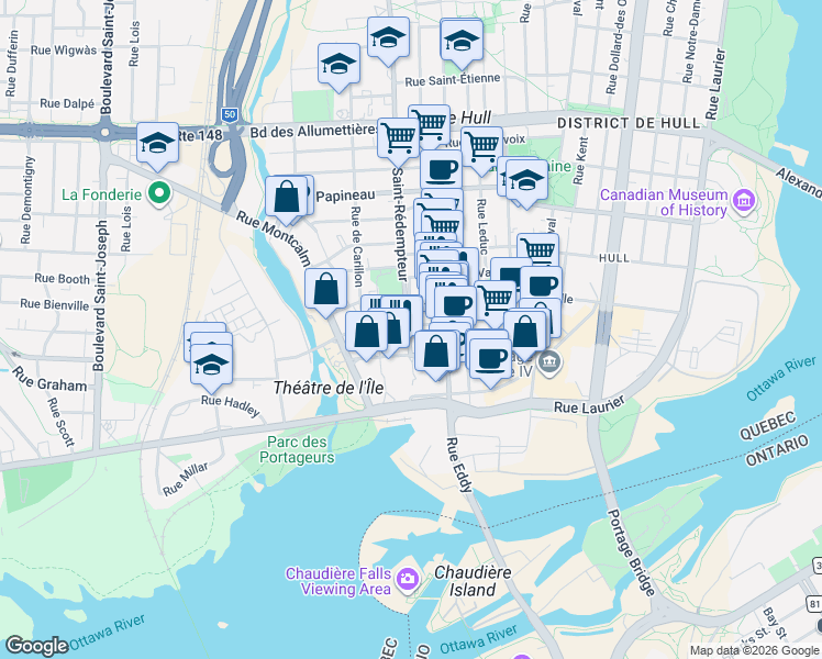 map of restaurants, bars, coffee shops, grocery stores, and more near 84 Rue Saint-Rédempteur in Gatineau