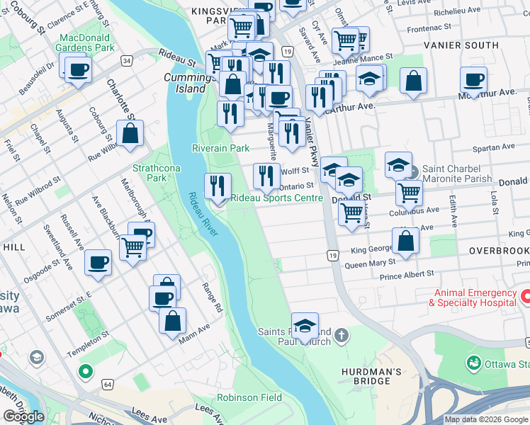 map of restaurants, bars, coffee shops, grocery stores, and more near 995 North River Road in Ottawa